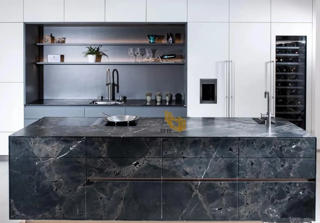 Dark grey marble for kitchen waterfall island Dark grey marble for kitchen waterfall island